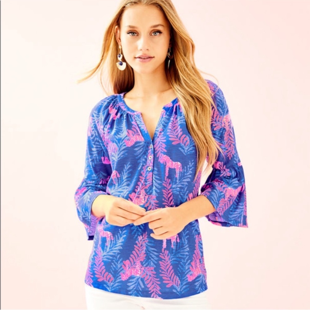 Lilly Pulitzer Tiegen Zebra Print Pink Blue Cotton V Neck size S